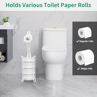TomCare Toilet Paper Holder Stand Free Standing, Holds 4 Mega Rolls, White | Tool-Free Assembly, Detachable Metal Wire Frame, Powder-Coated Finish, Easy Storage and Flexible Bathroom Placement - color: White, size: Standard