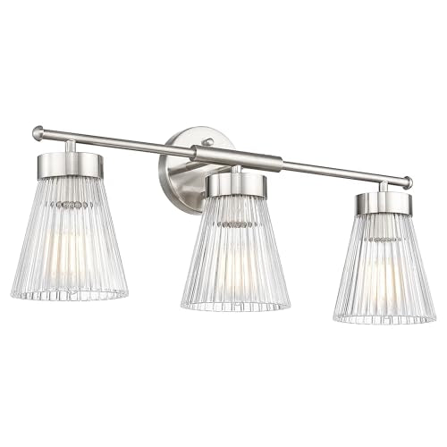 HWH INVESTMENT 3-Light Bathroom Vanity Light, Brushed Nickel, 5HZG97B-3W BN | 24.1-Inch Hardwired Wall Light with Clear Striped Glass; 3 E26 Bulbs, Max 60W Each; Bulbs Not Included - color: Brushed Nickel, size: 3-Light