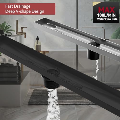 36 Inch Linear Shower Drain, Matte Black Shower Drain, Removable Grate, 304 Stainless Steel, Easy to Install and Clean for Bathrooms (Drain Base Not Included), LSD-15B-36B - size: 36 inch