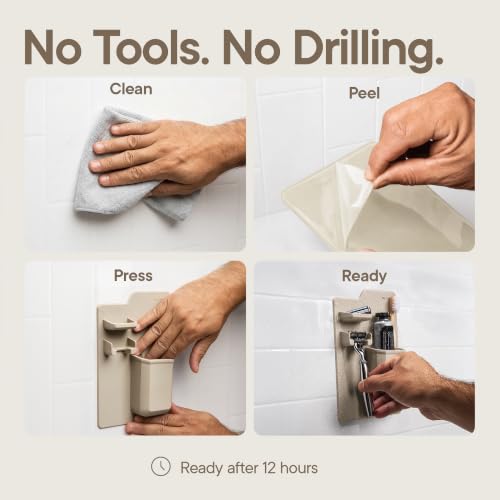 TOOLETRIES The Harvey Toothbrush & Razor Holder - Sand | Silicone bathroom organiser with a reusable adhesive mount for toothbrushes, toothpaste and razors.