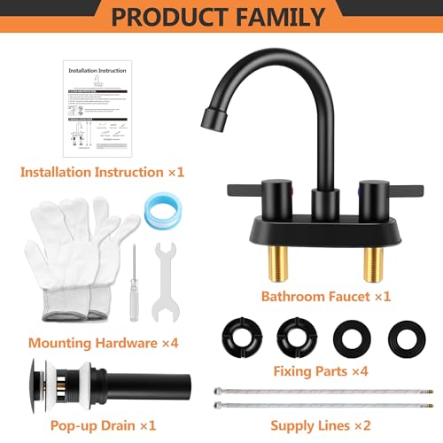 Herogo 2-Handle Centerset Bathroom Faucet Matte Black, Stainless Steel Vanity Sink Faucet 2-3 Hole with Drain Assembly, 360 Swivel Spout and Supply Hose for Farmhouse RV - color: Matte Black, style: Square Handles