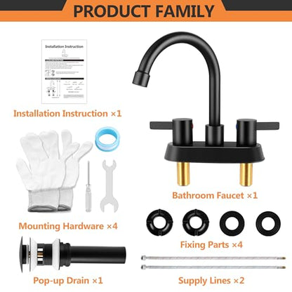 Herogo 2-Handle Centerset Bathroom Faucet Matte Black, Stainless Steel Vanity Sink Faucet 2-3 Hole with Drain Assembly, 360 Swivel Spout and Supply Hose for Farmhouse RV - color: Matte Black, style: Square Handles