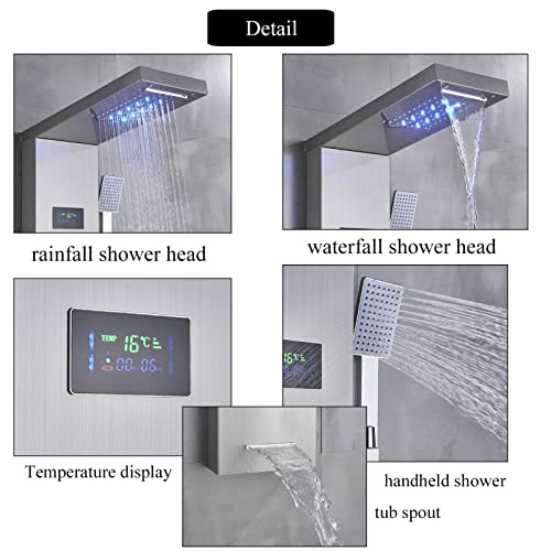 LED Light Shower Panel Tower Rainfall Waterfall Shower Head with Massager Jets Body System Jet Black B (Color : Brushed Nickel B) - color: Brushed Nickel B