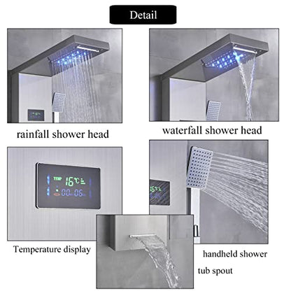 LED Light Shower Panel Tower Rainfall Waterfall Shower Head with Massager Jets Body System Jet Black B (Color : Brushed Nickel B) - color: Brushed Nickel B
