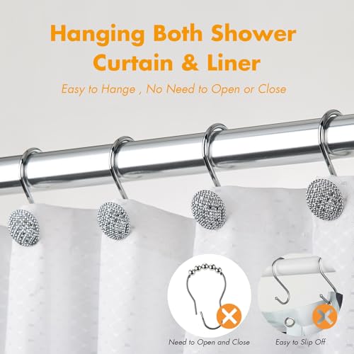 Pearlbee Chrome Shower Curtain Hooks, Round Beaded Design 12Pcs Zinc Alloy | Rustproof heavy duty, 4mm silver zinc alloy,Rrustproof, anti-drop, Smooth glide,Fits shower curtain & liner,Modern Decorative - color: Chrome