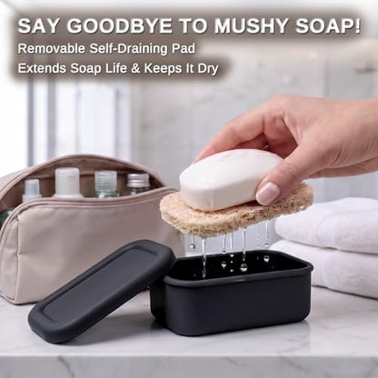 HighHerz Leak Proof Silicone Travel Soap Case with Draining Tray - Bar Soap Holder for Travel, Gym & Camping - Mess-Free Portable Soap Container for Carry-on Bags (Black) - color: Black