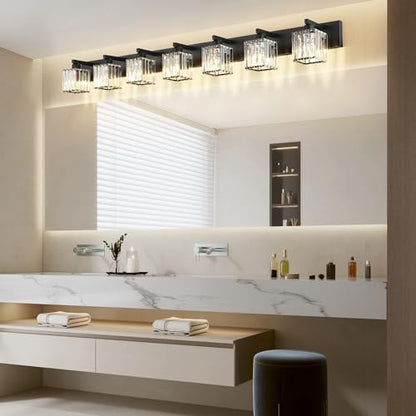 Aipsun Black Vanity Light Crystal Bathroom Lighting Fixtures Modern Bathroom Vanity Light 7 Light (Exclude Bulb) - color: Black, size: 58 inch