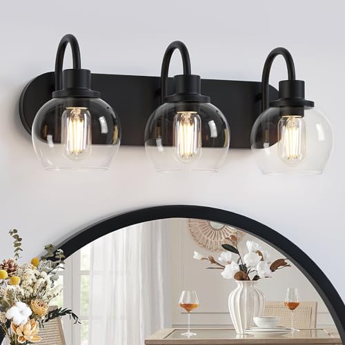 Dpyrrhic Bathroom Vanity Light,Modern 3-Light Bathroom Lighting Fixtures Over Mirror with Clear Glass Shade and Metal Base,Matte Black Bathroom Lighting - color: Black, size: 3-Light