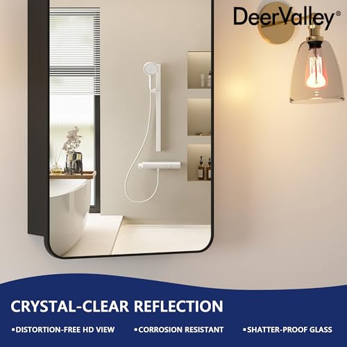 DeerValley 16 x 24 Inch Medicine Cabinet with Mirror, Black Bathroom Mirror Cabinet, Surface Mount, Adjustable Glass Shelves, Aluminum Framed Slow-Closing Door, Dual-Sided Mirrors - size: 16" x 24''