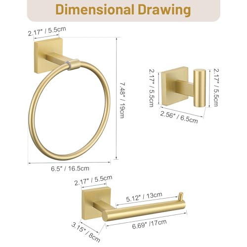 Towel Ring Set 4 Piece Bathroom Hardware Set Includes Towel Ring 2 Towel Hooks and Toilet Paper Holder Stainless Steel Wall Mounted (Brushed Gold) - color: Brushed Gold, size: Set C