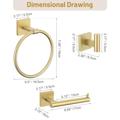 Towel Ring Set 4 Piece Bathroom Hardware Set Includes Towel Ring 2 Towel Hooks and Toilet Paper Holder Stainless Steel Wall Mounted (Brushed Gold) - color: Brushed Gold, size: Set C
