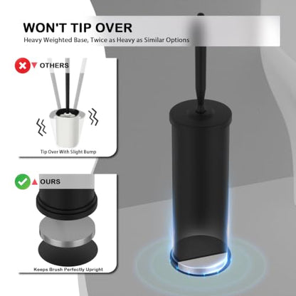 Stainless Steel Toilet Bowl Brush and Holder Set Scrubber Black | Weighted Stable Base Removable Inner Tube Toilet Bowl Brush Splash-Proof Design for Deep Cleaning Space Saving Storage - color: Black