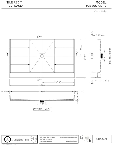 36x60 Shower Pan, Single Curb, Brushed Nickel Square Grate | Leak-Proof, Flat-Bottom, Tileable Shower Base Pan, Pre-Pitched with Integrated Drain and Splash Walls for Bathroom Remodels - color: Center Drain, Single Curb, Brushed Nickel