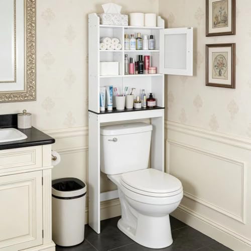 ZENY Over The Toilet Storage Cabinet, Bathroom Organizer with Adjustable Shelf and Double Doors, Freestanding Bathroom Space Saver Toilet Rack (White) - color: White