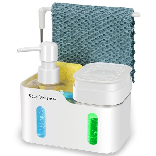 Hand Soap and Dish Soap Dispenser Set for Kitchen, Dual Soap Dispenser with Sponge Holder and Dishcloth Holder 4-in-1 Organizer for Kitchen Sink Countertop, Useful Kitchen Gadgets (White) - color: White