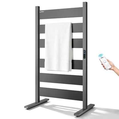 WiFi Towel Warmers for Bathroom, 6 Flat Bars Heated Towel Rack, Black | Smart App Control, Freestanding & Wall Mounted, Child Safety Lock, 1-24H Timer & Multi-Level Temp, Large Heating Surface