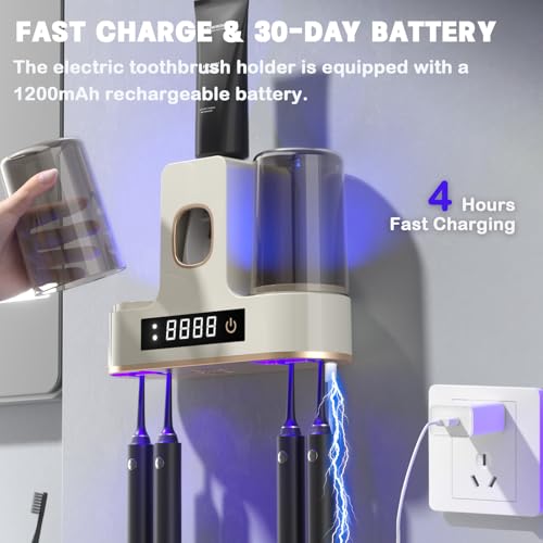 Electric Toothbrush Holders for Bathrooms, Dustproof Smart Toothbrush Holder Wall Mounted - 4 Brush/2 Cups, Auto Toothpaste Dispenser, Hot Air Drying & LCD Display,Toothbrush Cleaner (White) - color: White
