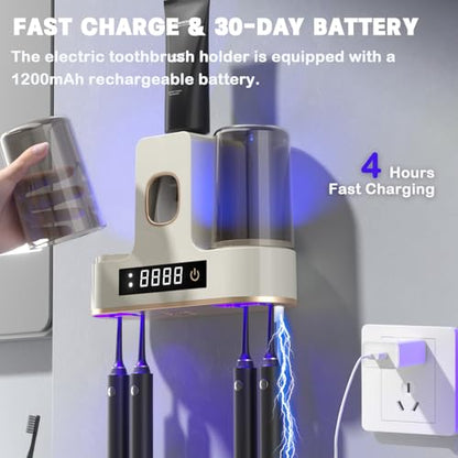 Electric Toothbrush Holders for Bathrooms, Dustproof Smart Toothbrush Holder Wall Mounted - 4 Brush/2 Cups, Auto Toothpaste Dispenser, Hot Air Drying & LCD Display,Toothbrush Cleaner (White) - color: White