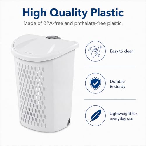 135L White Wheeled Plastic Laundry Hamper - Rolling Laundry Basket with Lid | Pull handle & easy-roll wheels make this rolling laundry hamper with lid easy to move in dorms, apartments & bedrooms. - size: 3.8Bushel