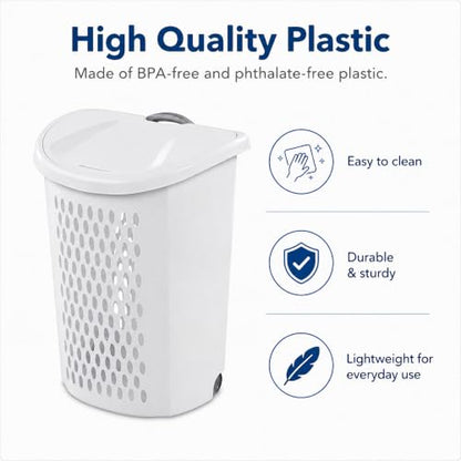 135L White Wheeled Plastic Laundry Hamper - Rolling Laundry Basket with Lid | Pull handle & easy-roll wheels make this rolling laundry hamper with lid easy to move in dorms, apartments & bedrooms. - size: 3.8Bushel