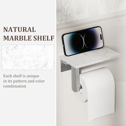 BWE Brushed Nickel Toilet Paper Holder with Marble Shelf Wall Mounted | Toilet Paper Roll Holder with Phone Shelf 304 Stainless Steel Tissue Holder for Bathroom Washroom,Saving Space - color: Brushed Nickel