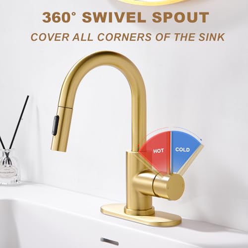Gold Bathroom Sink Faucet with Pull Down Sprayer | 2 Mode Sprayer, with Deck Plate for 1 or 3 Hole, 360° Swivel, with Pop Up Drain for Vanity Bar RV Basin Laundry - color: Brushed Gold
