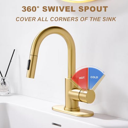 Gold Bathroom Sink Faucet with Pull Down Sprayer | 2 Mode Sprayer, with Deck Plate for 1 or 3 Hole, 360° Swivel, with Pop Up Drain for Vanity Bar RV Basin Laundry - color: Brushed Gold