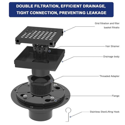 4 Inch Matte Black Square Shower Drain with Removable Grate | AISI 304 Stainless Steel Shower Drain, Floor Drain with Hair Catcher & ABS Flange, Fits Bathroom & Balcony etc - color: Matte Black, size: 4 in