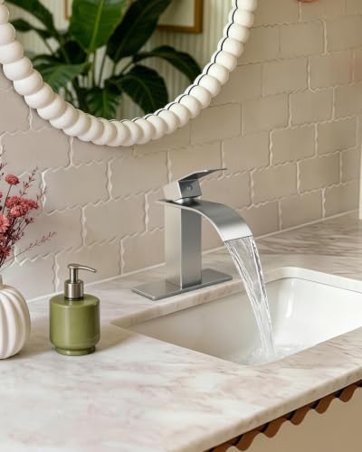 Waterfall Single Handle Bathroom Faucet with Drain Brushed Nickel | Brushed Nickel Vanity Faucet with Pop-up Drain, Ceramic Valve, for 1 or 3 Hole Modern Bathrooms. - color: Brushed Nickel x 2