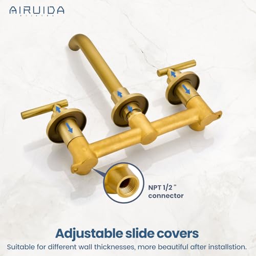 Airuida Wall Mounted Antique Brass 3 Hole Dual Handle Bathroom Faucet with 360 Swivel Spout Vanity Sink Mixer Tap, Matte Finish | Lever Handle,3 Holes,360° Widespread Swivel Spout,Rotatable Bathroom Faucet - color: Antique Brass