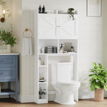 Over the Toilet Storage Cabinet, 66.92”H 7-Tier Bathroom Organizer Rack | Toilet Shelf with Side Cabinet and 2 Farmhouse Barn Doors,Freestanding Space Saver for Bathroom, Laundry, White