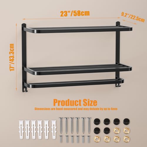 23 Inch 3-Tier Black Towel Racks for Bathroom with Towel Bars Multilayer Hotel Towel Shelf Stainless Steel Wall-Mounted Matte Finished Holder with Towel Shelves - color: Black 3tier