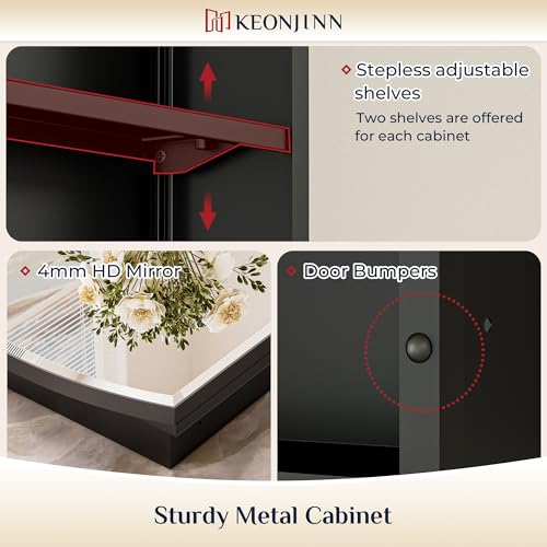 Keonjinn Black Medicine Cabinet with Mirror 24” x 30”, Metal Framed Wall Cabinet with Beveled Mirror, Surface Mount or Recessed Medicine Cabinet for Bathroom, Bathroom Mirror with Storage | Metal Framed Wall Cabinet with Beveled Mirror, Wall-Mounted or Re