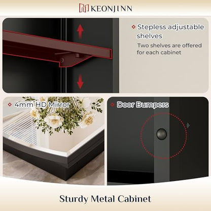 Keonjinn Black Medicine Cabinet with Mirror 24” x 30”, Metal Framed Wall Cabinet with Beveled Mirror, Surface Mount or Recessed Medicine Cabinet for Bathroom, Bathroom Mirror with Storage | Metal Framed Wall Cabinet with Beveled Mirror, Wall-Mounted or Re