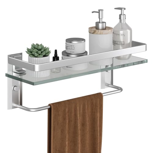 Bathroom Wall Shelf with Towel Bar, Clear Tempered Glass, Hand Towel Holder (Matte Silver) - color: Silver, size: Shelf with Towel Bar