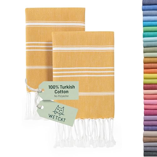 WETCAT Turkish Hand Towels with Hanging Loop, Set of 2 (20" x 30") 100% Turkish Cotton, Pre-Washed, Quick Drying, for Kitchen or Bathroom - Honey Gold - color: Honey Gold