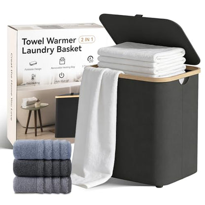Towel Warmer & Laundry Hamper 2-in-1, Black Foldable Towel Warmer for Bathroom with Removable Heating Bag, 20/40/60Mins Timer, Auto Shut-Off, 38L Fits 2 to 3 Large Towels PJs Blankets