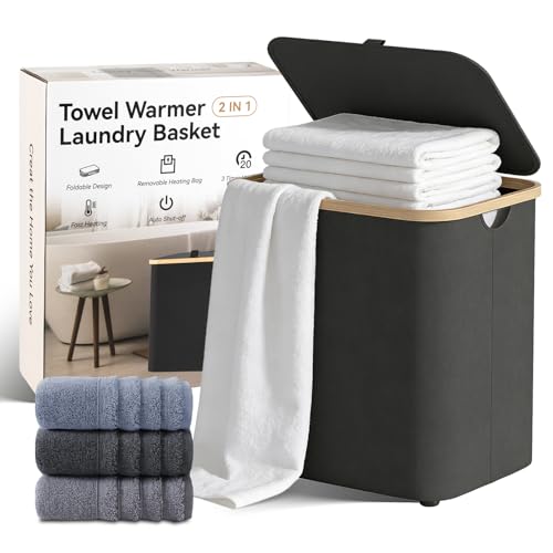 Towel Warmer & Laundry Hamper 2-in-1, Black Foldable Towel Warmer for Bathroom with Removable Heating Bag, 20/40/60Mins Timer, Auto Shut-Off, 38L Fits 2 to 3 Large Towels PJs Blankets