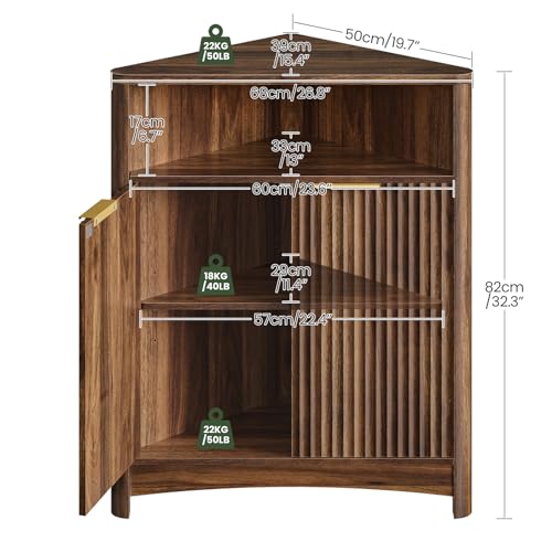 Corner Cabinet, Corner Storage with Fluted Panels and Adjustable Shelf, Modern Floor Cabinets for Small Spaces, Bathroom, Living Room, Kitchen, Walnut MCW23HT