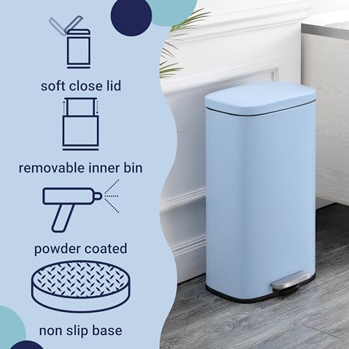 happimess Curtis 8 Gal Step Trash Can Soft Close 25", Tide Pool Blue | Iron Construction, Satin Finish, Removable Liner, Steel Pedal, 20 Trash Bags Included, Kitchen Office Bin - color: Tide Pool Blue