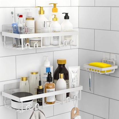 Moforoco 3-Pack Shower Caddy Basket Shelf with Soap Holder, No Drilling Traceless Adhesive Shower Wall Shelves, Rustproof Black Bathroom Shower Storage Organizer - color: White