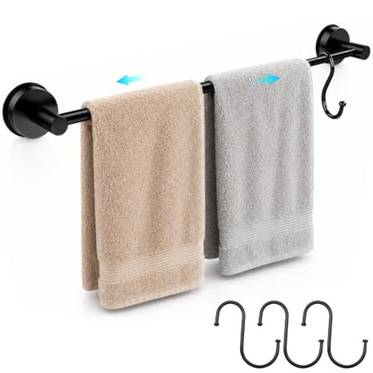 Adjustable Suction Cup Towel Bar – Towel Racks for Bathroom, 13.6-25 Inch, Stainless Steel Bathroom Towel Holder with 4 S Hooks, No Drill for Kitchen, Shower & Smooth Surfaces – Black - color: Black