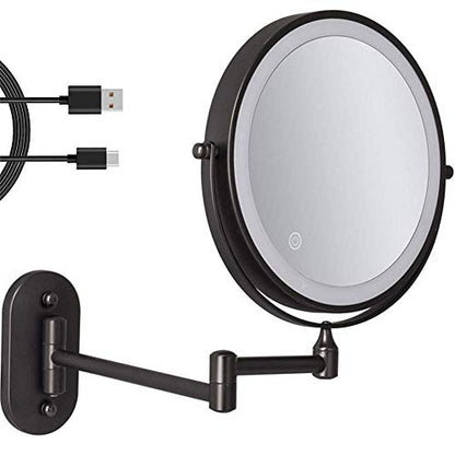 8'' Wall Mounted Makeup Mirror Black USB Rechargeable Double Sided with 3 Tones LED Lights 1x/5x Magnifying Bathroom Mirror for Shaving Extendable Arm Touch Control1X/5X