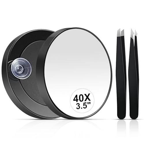 MIYADIVA 40X Magnifying Mirror, 3.5 Inch Round Compact Mirror with Suction Cup, Stainless Steel Tweezers, Perfect for Makeup, Eyebrows, Beards, Travel - color: Black-40x