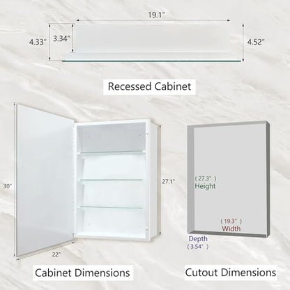 Bathroom Medicine Cabinet, 22x30 inch Medicine Cabinet with Mirror, Rectangular Beveled Frameless Mirror, Recess or Surface Mount Installation - size: CM1014-2230