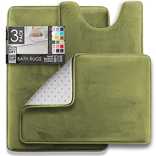 Clara Clark 3 Piece Bathroom Rugs Bath Mat Set, Velvet Memory Foam Bath Mats for Bathroom - Non-Slip, PVC Backing Bath Rugs, Washable - Dries Quickly, Green - color: Sage Green
