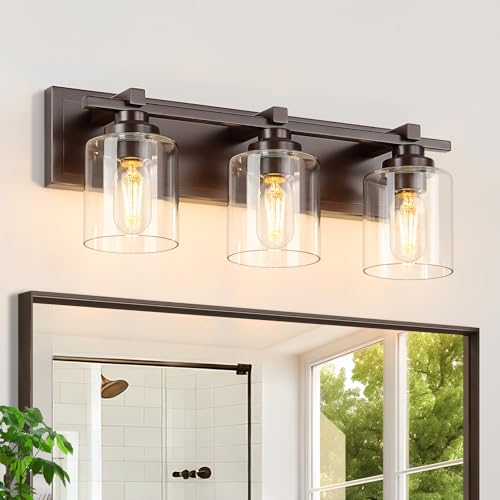 Modern Bathroom Light Fixtures Over Mirror, Vanity Lights for Bathroom Wall Sconces with Clear Glass Shades, E26 Socket (Bulbs Not Included), 3 Light, Oil Rubbed Bronze - color: Oil-Rubbed Bronze - Clear Glass Shades, size: 3-Lights