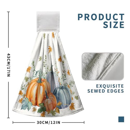 Fall Orange Blue Pumpkin Kitchen Hanging Towels Set of 2 Autumn Eucalyptus Maple Leaves Hand Towels with Hanging Loop Thanksgiving Dish Washcloth Soft Absorbent Bath Tie Towel - color: Orange Blue Pumpkin