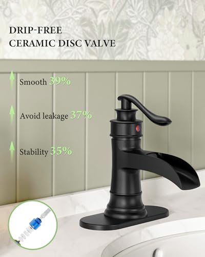 Black Bathroom Faucet Matte Waterfall Sink Farmhouse Vanity Single Hole | Faucets One Handle Basin Antique centerset with Pop Up Drain Stopper Mixer Tap Overflow Supply Line by Homevacious - color: Matte Black