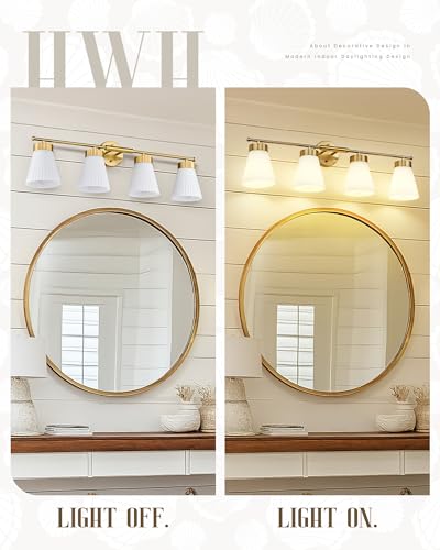 Bathroom Light Fixtures Brushed Gold, HWH 4 Light Vanity Lights Over Mirror, Modern Wall Lamp Bathroom Lighting with Frosted White Striped Glass, 5HZG97B-4W BG - color: Brushed Gold, size: 4-Light